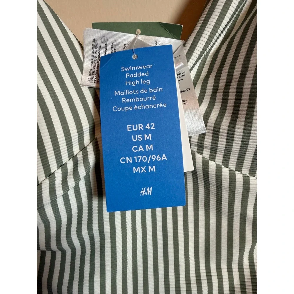 H&M Green White Striped Ribbed One Piece Swimsuit High Leg Tie Shoulder M NEW
